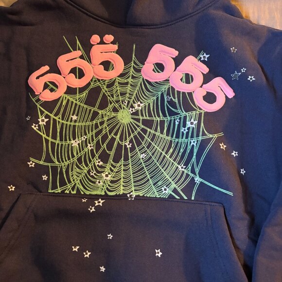 Sp5der Angel Number 555 Hoodie Spider Navy Blue - Picture 3 of 6